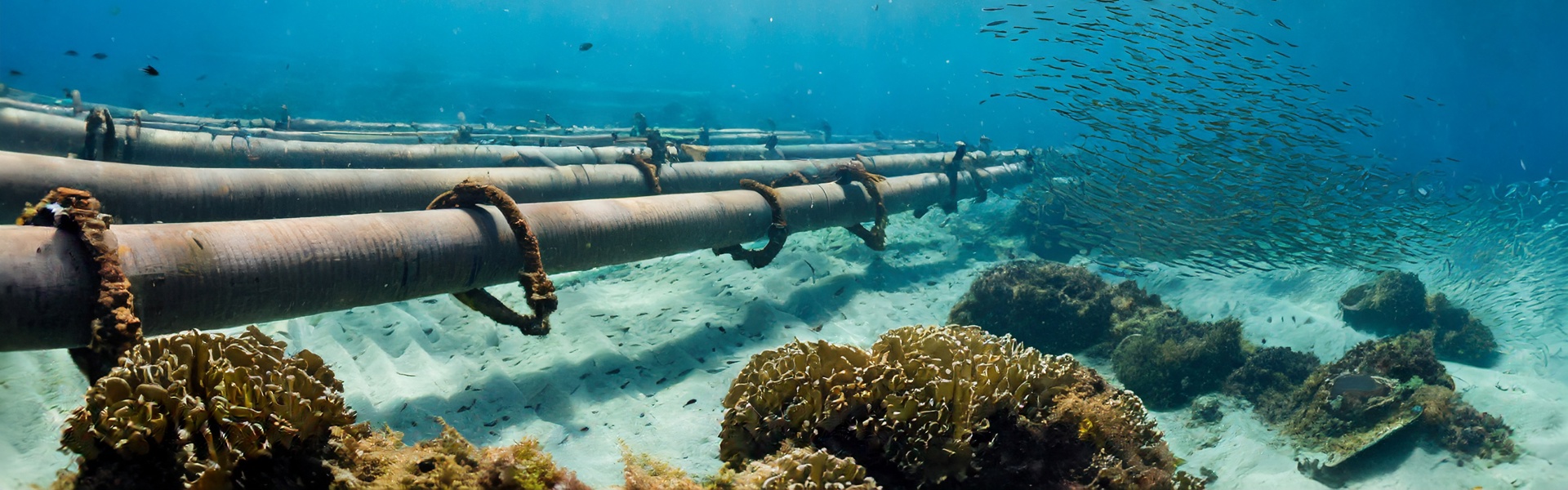 Firefly Remainings Of Pipelines On Sea Bed With Sealife Floating Above 20658